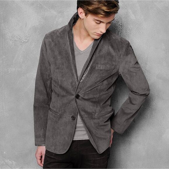 John Varvatos Star USA Suede Leather Blazer Jacket Cowskin Lambskin Gray Medium - Picture 3 of 16